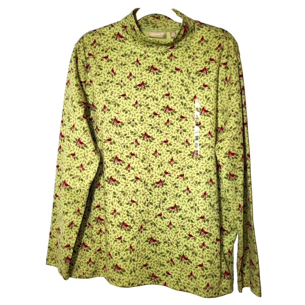 NWT Croft & Barrow Green Cotton Mock Turtleneck Mistletoe With Birds Size 2X